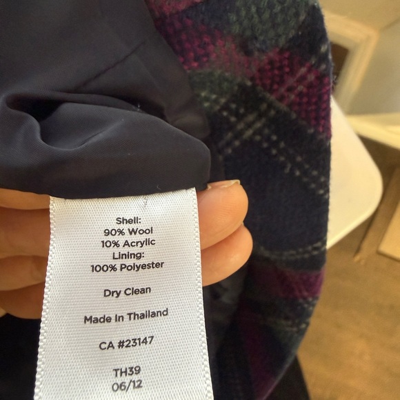 Talbots Navy Plaid Pea Coat with Pink and Light Green Accents - Picture 3 of 5